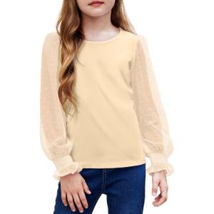 Arshiner Girls Long Sleeve Shirt with Ruffle Cuffs Polka Swiss Dots Kids Girls Pullover Shirts Cute Crewneck Girls Top(Khaki)