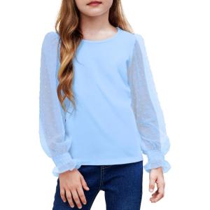 Arshiner Girls Long Sleeve Shirt with Ruffle Cuffs Polka Swiss Dots Kids Girls Pullover Shirts Cute Crewneck Girls Top(Light Blue)