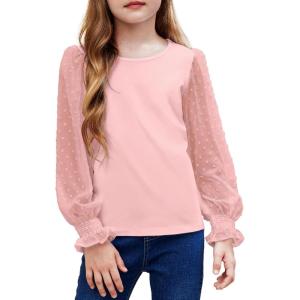 Arshiner Girls Long Sleeve Shirt with Ruffle Cuffs Polka Swiss Dots Kids Girls Pullover Shirts Cute Crewneck Girls Top(Lotus Root Pink)