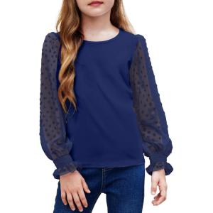 Arshiner Girls Long Sleeve Shirt with Ruffle Cuffs Polka Swiss Dots Kids Girls Pullover Shirts Cute Crewneck Girls Top(Navy Blue)