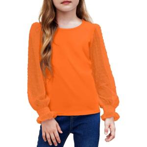 Arshiner Girls Long Sleeve Shirt with Ruffle Cuffs Polka Swiss Dots Kids Girls Pullover Shirts Cute Crewneck Girls Top(Orange)