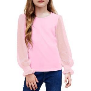 Arshiner Girls Long Sleeve Shirt with Ruffle Cuffs Polka Swiss Dots Kids Girls Pullover Shirts Cute Crewneck Girls Top(Pink)