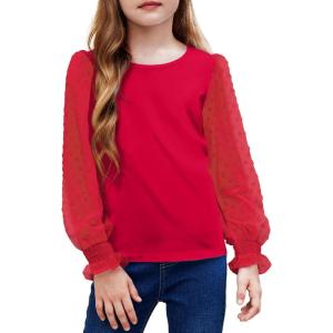Arshiner Girls Long Sleeve Shirt with Ruffle Cuffs Polka Swiss Dots Kids Girls Pullover Shirts Cute Crewneck Girls Top(Red)