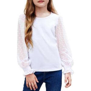 Arshiner Girls Long Sleeve Shirt with Ruffle Cuffs Polka Swiss Dots Kids Girls Pullover Shirts Cute Crewneck Girls Top(White)