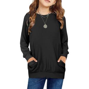Arshiner Girls Long Sleeve Shirts with Pockets Crewneck Soft Casual Raglan Kids Blouse Tee Tops(Black)