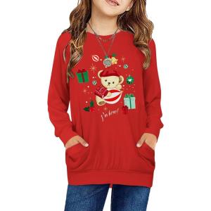 Arshiner Girls Long Sleeve Shirts with Pockets Crewneck Soft Casual Raglan Kids Blouse Tee Tops(Christmas-teddy)