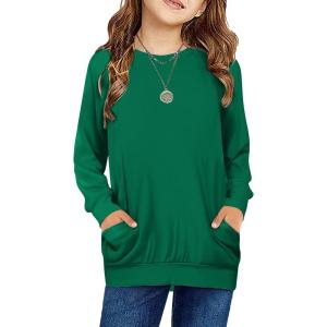 Arshiner Girls Long Sleeve Shirts with Pockets Crewneck Soft Casual Raglan Kids Blouse Tee Tops(Green)