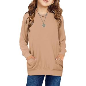 Arshiner Girls Long Sleeve Shirts with Pockets Crewneck Soft Casual Raglan Kids Blouse Tee Tops(Khaki)