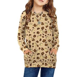 Arshiner Girls Long Sleeve Shirts with Pockets Crewneck Soft Casual Raglan Kids Blouse Tee Tops(Leopard-teddy)