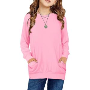 Arshiner Girls Long Sleeve Shirts with Pockets Crewneck Soft Casual Raglan Kids Blouse Tee Tops(Pink)