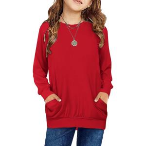 Arshiner Girls Long Sleeve Shirts with Pockets Crewneck Soft Casual Raglan Kids Blouse Tee Tops(Red)