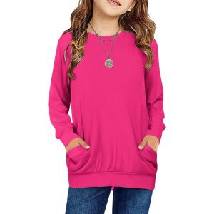Arshiner Girls Long Sleeve Shirts with Pockets Crewneck Soft Casual Raglan Kids Blouse Tee Tops(Rose Pink)