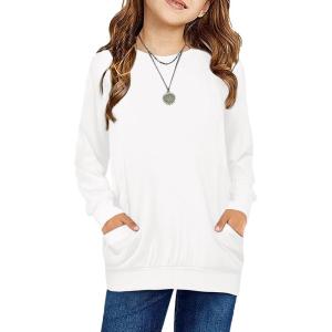 Arshiner Girls Long Sleeve Shirts with Pockets Crewneck Soft Casual Raglan Kids Blouse Tee Tops(White)