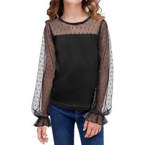 Arshiner Girls Long Sleeve Shirts with Sheer Puff Cute Lantern Sleeve Design Lady Style Swiss Dots Tops for Girls Blouse Tee(Black)