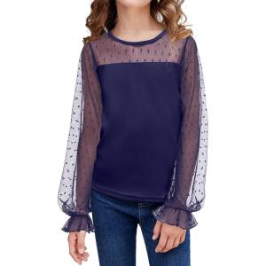 Arshiner Girls Long Sleeve Shirts with Sheer Puff Cute Lantern Sleeve Design Lady Style Swiss Dots Tops for Girls Blouse Tee(Navy Blue)