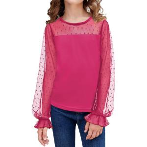 Arshiner Girls Long Sleeve Shirts with Sheer Puff Cute Lantern Sleeve Design Lady Style Swiss Dots Tops for Girls Blouse Tee(Rose Red)
