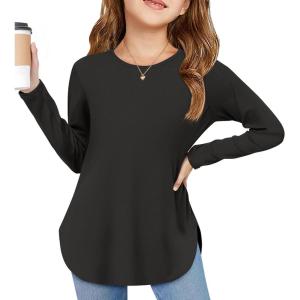 Arshiner Girls Long Sleeve T Shirts Round Neck Curve Hem Side Slit Basic Casual Loose Tunic Soft Tops(Black)