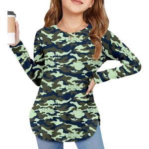 Arshiner Girls Long Sleeve T Shirts Round Neck Curve Hem Side Slit Basic Casual Loose Tunic Soft Tops(Camo-teddy)