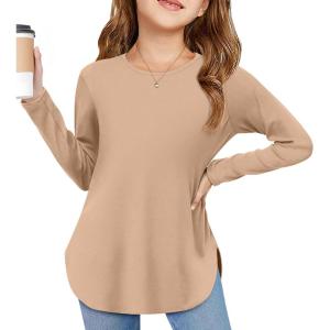 Arshiner Girls Long Sleeve T Shirts Round Neck Curve Hem Side Slit Basic Casual Loose Tunic Soft Tops(Deep Khaki)