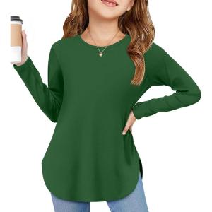 Arshiner Girls Long Sleeve T Shirts Round Neck Curve Hem Side Slit Basic Casual Loose Tunic Soft Tops(Green)