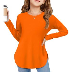 Arshiner Girls Long Sleeve T Shirts Round Neck Curve Hem Side Slit Basic Casual Loose Tunic Soft Tops(Orange)
