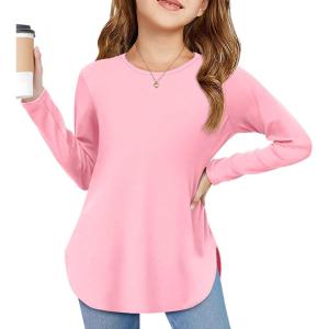 Arshiner Girls Long Sleeve T Shirts Round Neck Curve Hem Side Slit Basic Casual Loose Tunic Soft Tops(Pink)
