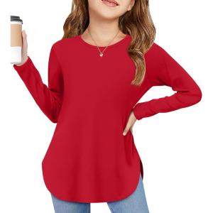 Arshiner Girls Long Sleeve T Shirts Round Neck Curve Hem Side Slit Basic Casual Loose Tunic Soft Tops(Red)