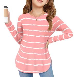 Arshiner Girls Long Sleeve T Shirts Round Neck Curve Hem Side Slit Basic Casual Loose Tunic Soft Tops(Stripe-pink&white)