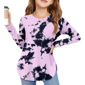 Arshiner Girls Long Sleeve T Shirts Round Neck Curve Hem Side Slit Basic Casual Loose Tunic Soft Tops(Tie Dye Purple)