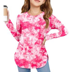 Arshiner Girls Long Sleeve T Shirts Round Neck Curve Hem Side Slit Basic Casual Loose Tunic Soft Tops(Tie Dye Rose Pink)