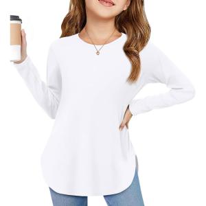 Arshiner Girls Long Sleeve T Shirts Round Neck Curve Hem Side Slit Basic Casual Loose Tunic Soft Tops(White)