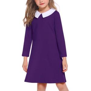 Arshiner Girls Long Sleeve Vintage Peter Pan Collar T-Shirt Dress Age 4-13 Years(Deep Purple 1)