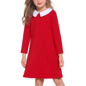 Arshiner Girls Long Sleeve Vintage Peter Pan Collar T-Shirt Dress Age 4-13 Years(Red)