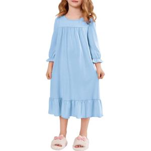 Arshiner Girls Nightgowns Long Sleeve Pajama Dress Cute Ruffle Sleepwear Soft Night Gowns(Blue)