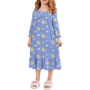 Arshiner Girls Nightgowns Long Sleeve Pajama Dress Cute Ruffle Sleepwear Soft Night Gowns(Blue Sleep Teddy)