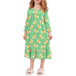 Arshiner Girls Nightgowns Long Sleeve Pajama Dress Cute Ruffle Sleepwear Soft Night Gowns(Green Dogs)