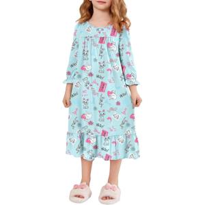 Arshiner Girls Nightgowns Long Sleeve Pajama Dress Cute Ruffle Sleepwear Soft Night Gowns(Light Blue Cat)