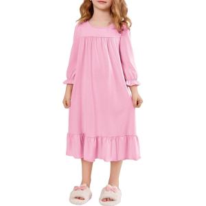 Arshiner Girls Nightgowns Long Sleeve Pajama Dress Cute Ruffle Sleepwear Soft Night Gowns(Pink)