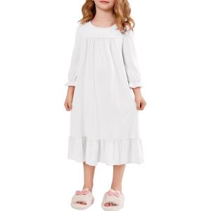 Arshiner Girls Nightgowns Long Sleeve Pajama Dress Cute Ruffle Sleepwear Soft Night Gowns(White)