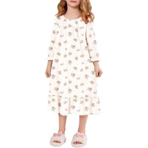 Arshiner Girls Nightgowns Long Sleeve Pajama Dress Cute Ruffle Sleepwear Soft Night Gowns(White Flowers)