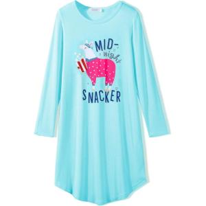 Arshiner Girls Nightgowns Long Sleeve Print Pajamas Nightdress for Kids Soft Sleep Wear Nighties(Aqua Green/Alpaca)