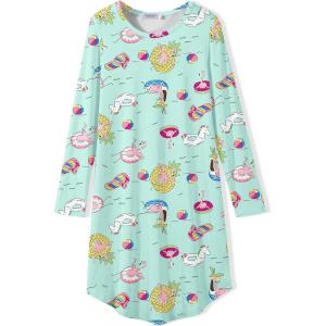 Arshiner Girls Nightgowns Long Sleeve Print Pajamas Nightdress for Kids Soft Sleep Wear Nighties(Blue Green Cartoon)