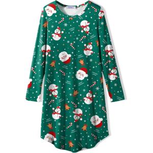 Arshiner Girls Nightgowns Long Sleeve Print Pajamas Nightdress for Kids Soft Sleep Wear Nighties(Green Christmas)