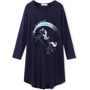 Arshiner Girls Nightgowns Long Sleeve Print Pajamas Nightdress for Kids Soft Sleep Wear Nighties(Navy Blue/Unicorn)