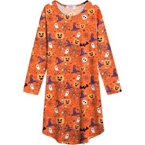 Arshiner Girls Nightgowns Long Sleeve Print Pajamas Nightdress for Kids Soft Sleep Wear Nighties(Orange Halloween)
