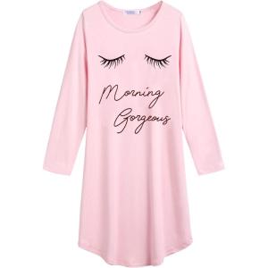 Arshiner Girls Nightgowns Long Sleeve Print Pajamas Nightdress for Kids Soft Sleep Wear Nighties(Pink/ Eyelash)