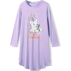 Arshiner Girls Nightgowns Long Sleeve Print Pajamas Nightdress for Kids Soft Sleep Wear Nighties(Purple/Happy Cat)