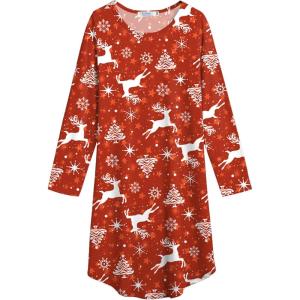 Arshiner Girls Nightgowns Long Sleeve Print Pajamas Nightdress for Kids Soft Sleep Wear Nighties(Red Christmas)