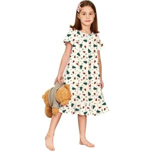 Arshiner Girls Nightgowns Sleepwear Short Sleeve Victorian Pajama Dress Soft Princess Sleepshirt for 3-12 Years Kids(Christmas Tree)