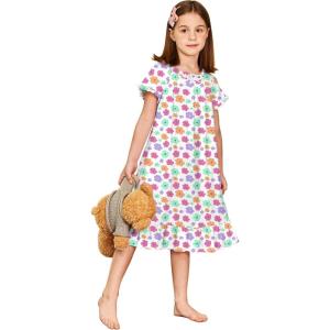 Arshiner Girls Nightgowns Sleepwear Short Sleeve Victorian Pajama Dress Soft Princess Sleepshirt for 3-12 Years Kids(Colorful Flowers)